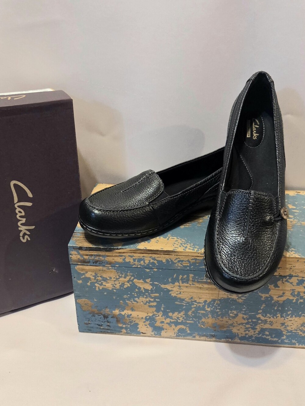 Clarks Black Pebbled Leather Slip-On Loafers for Women
